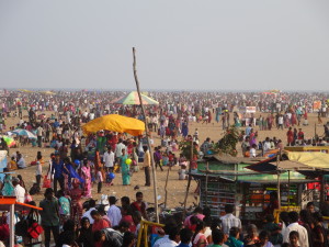 The overcrowded Marina Beach in Chennai