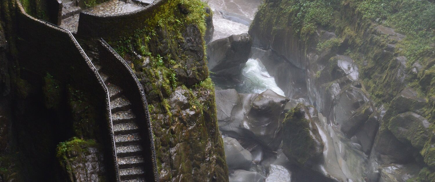 Steps down to waterfall in Baños de Agua Santa