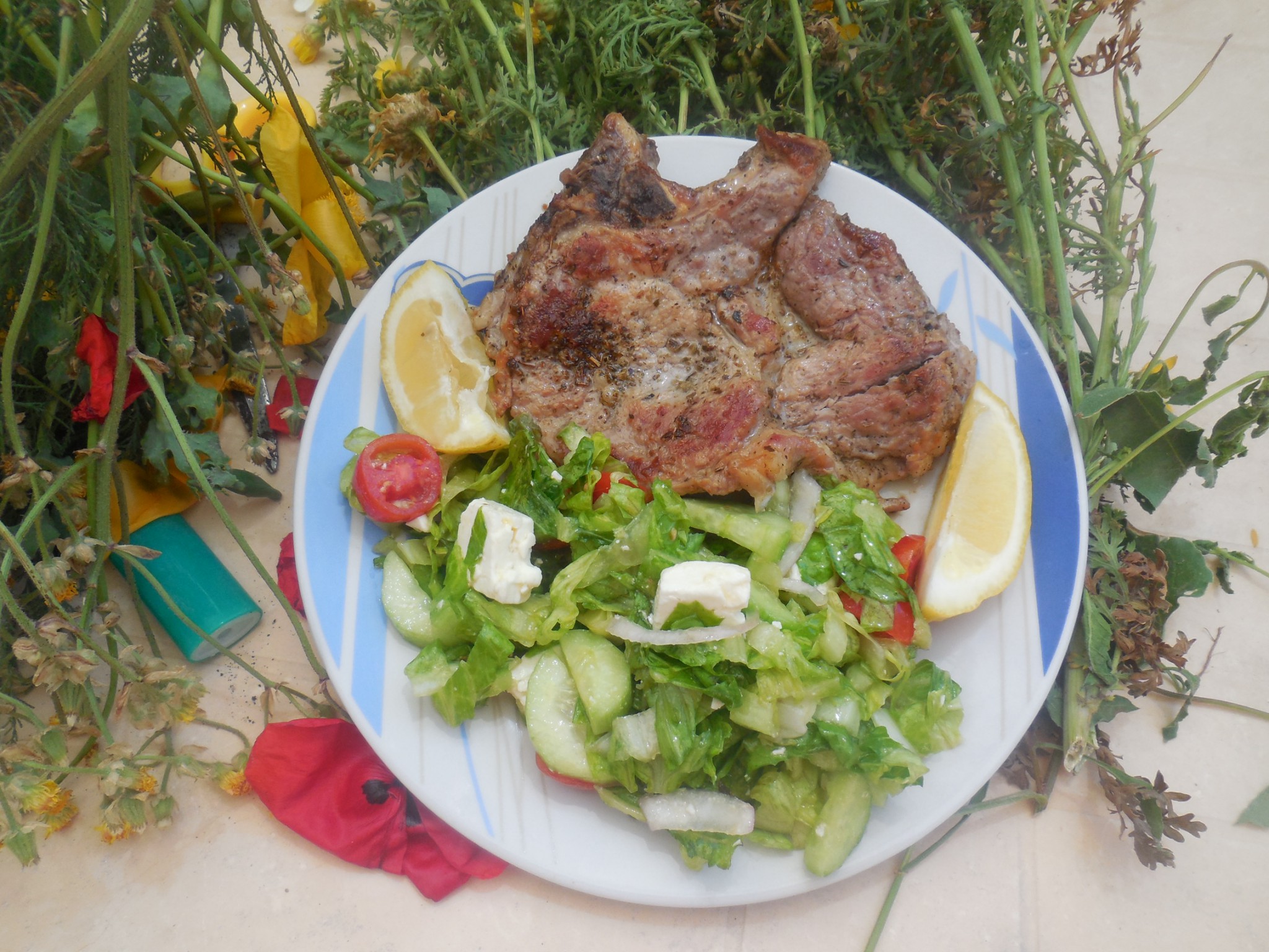 BBQ chops and Greek salad!