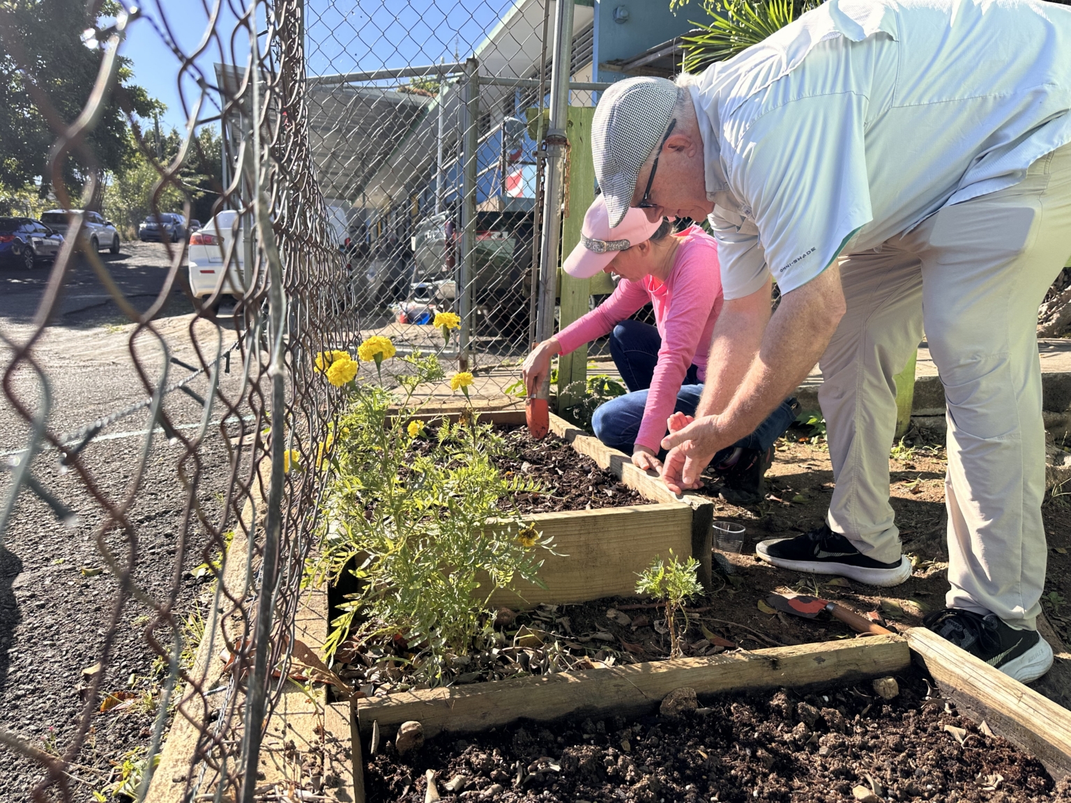 Puerto Rico volunteer Mike Moran with a local volunteer planting in the Community Garden